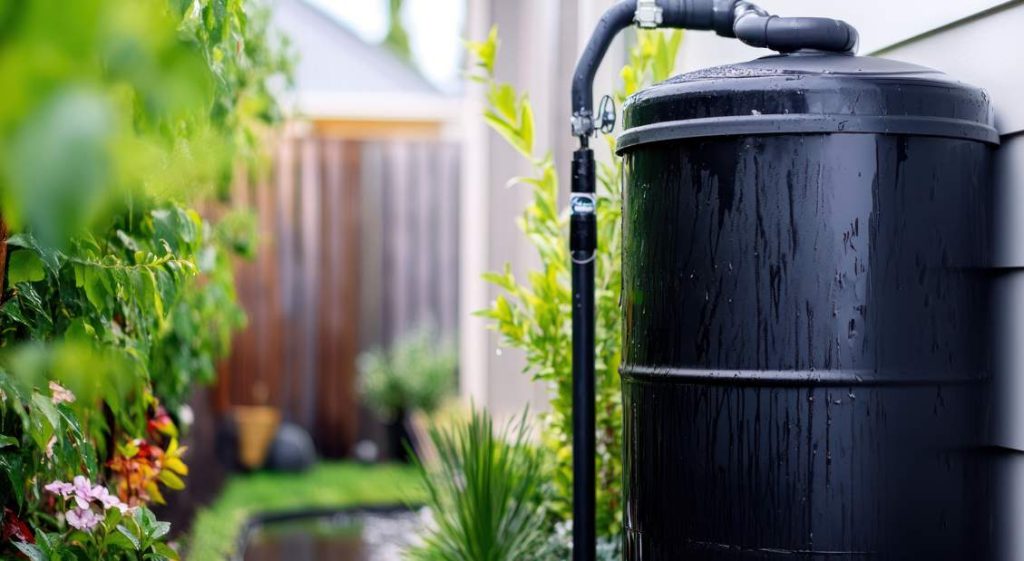 Une cuve de récupération d'eau noire installée le long d'un mur extérieur avec son système de raccordement et de tuyauterie.
